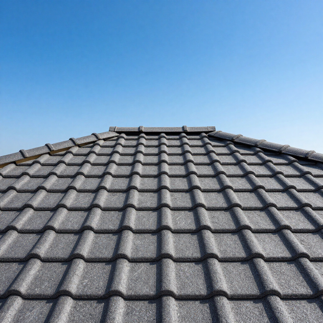 Gray tiled roof against a clear blue sky