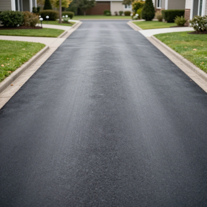 Freshly paved residential driveway lined with grass, shrubs, and houses