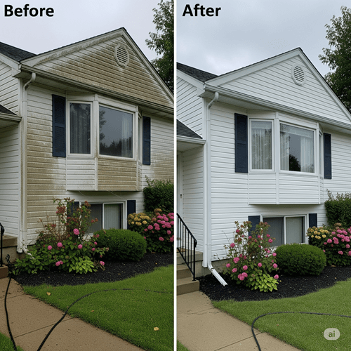 Before-and-after exterior of a house with updated white siding, black shutters, and landscaping