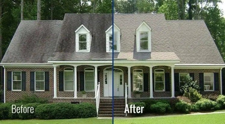 Before and after of a house roof cleaning. Dark, dirty roof on the left, clean on the right.