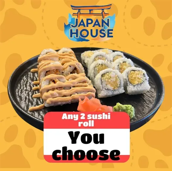 Japan House sushi ad with two sushi rolls on a black plate, orange background, and “Any 2 sushi roll You choose” text