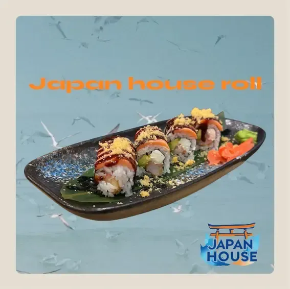 Sushi roll platter on a black plate with blue background and Japan House logo