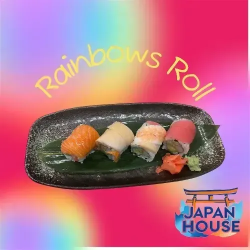 Rainbow Roll sushi on a black plate against a pink-blue gradient background, with Japan House logo.