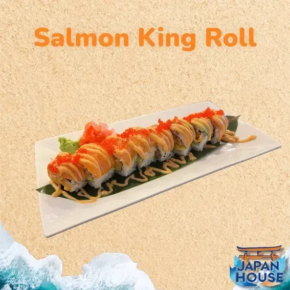 Salmon King Roll sushi on a white plate with orange sauce, on a beige background