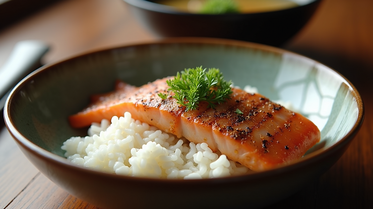 Eye-level view of a traditional Japanese meal set with rice, miso soup, and grilled fish