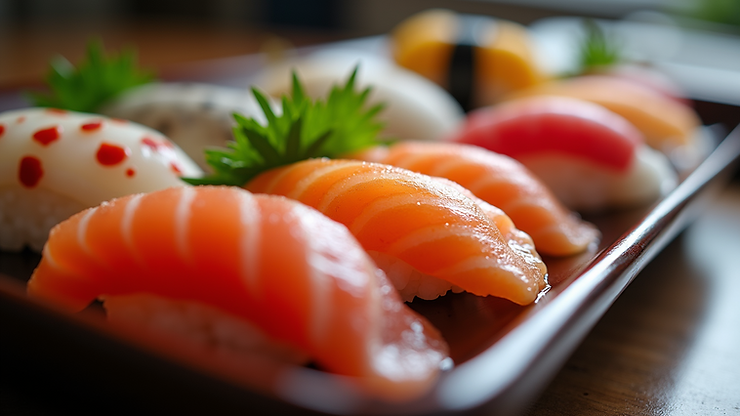 Sushi nigiri on a tray, with glossy salmon slices and blurred rolls in the background