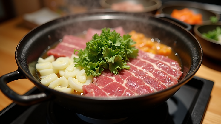 High angle view of a Japanese hot pot sukiyaki with vegetables and beef slices