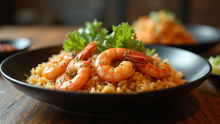 Close-up view of a hibachi dinner plate with grilled shrimp, vegetables, and fried rice
