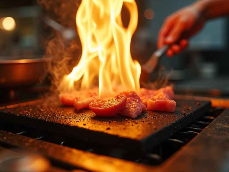 Steak pieces sizzling on a grill with tall flames and a hand holding tongs nearby