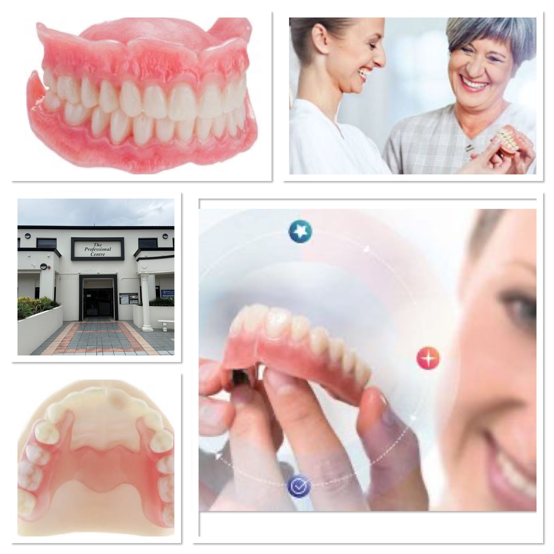 Collage showing dentures, a dental clinic, and people interacting — My Denture Clinic in Benowa, QLD