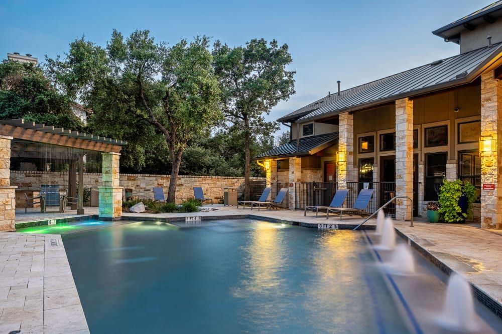 Swimming pool at night at Marquis at Barton Trails in Austin, TX.