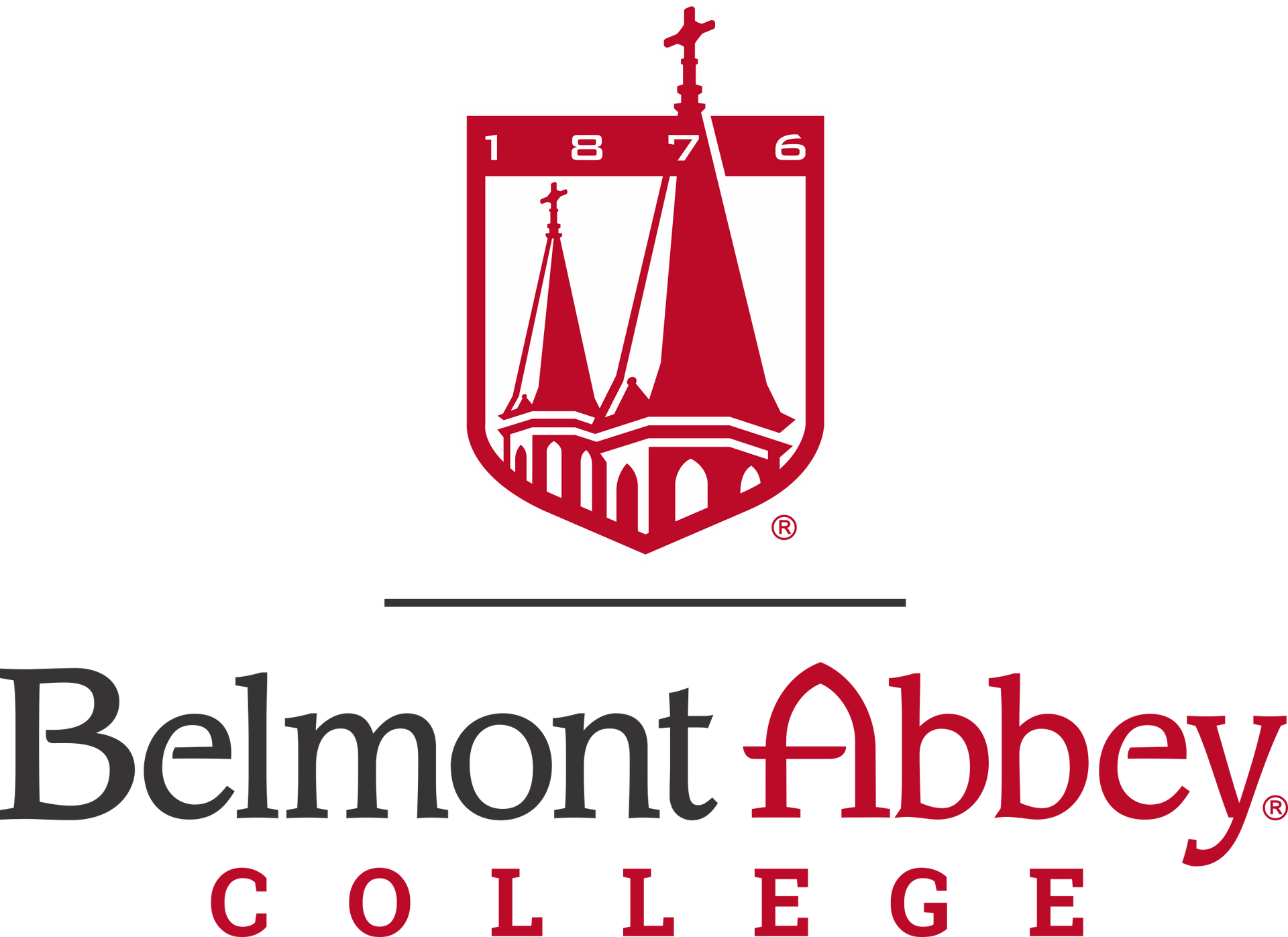 The logo for belmont abbey college is red and black