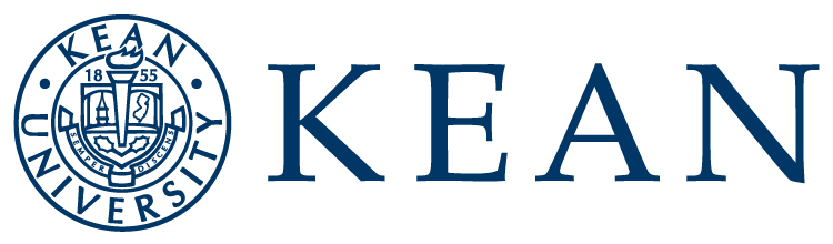 A blue and white logo for kean university