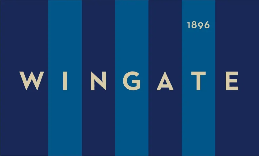 The logo for wingate is a blue and white striped background.