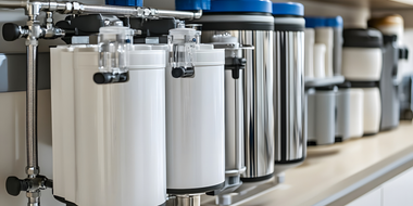 Water filtration system components on a shelf, with white and stainless steel canisters and blue lids.