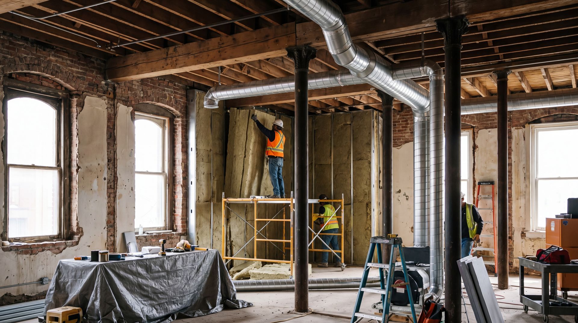 An interior remodeling contractor installs wall insulation from a scaffold in a gutted brick room.