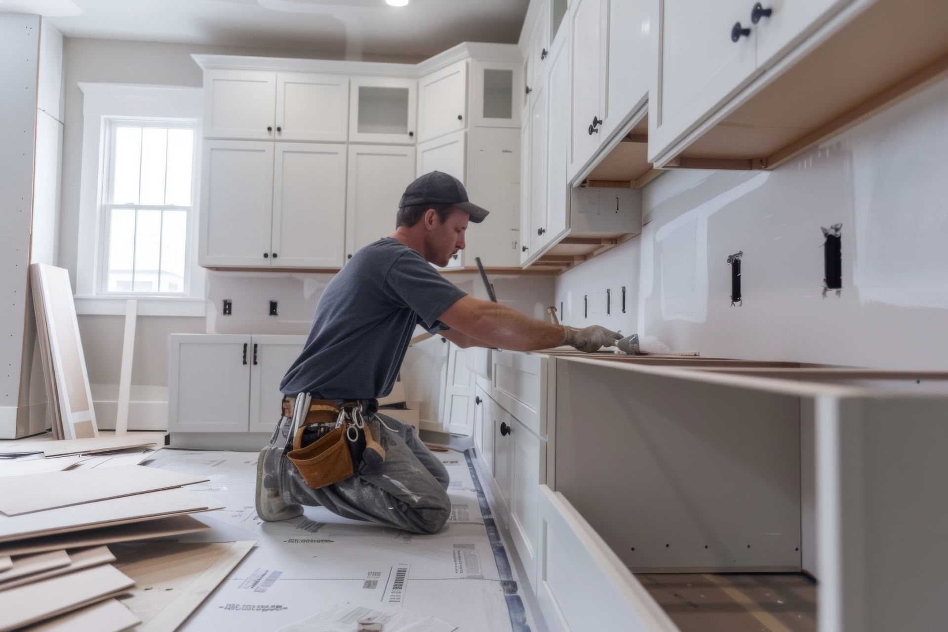 Contractor installing white cabinet doors during a custom interior remodeling project in a kitchen.