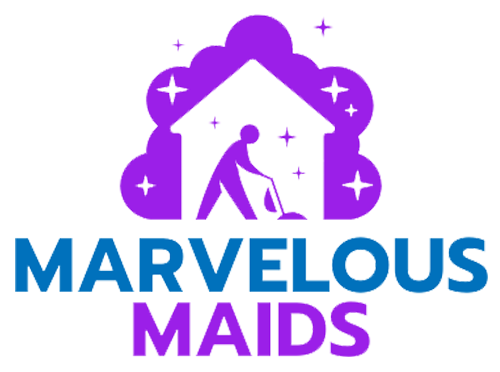 A logo for marvelous maids with purple leaves and butterflies