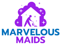 A logo for marvelous maids with purple leaves and butterflies