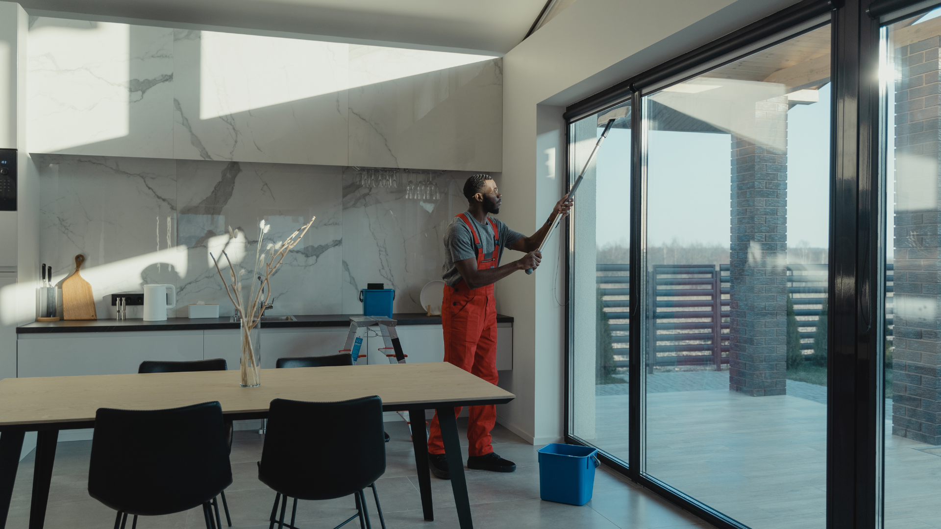 A man is cleaning a sliding glass door in a dining room.