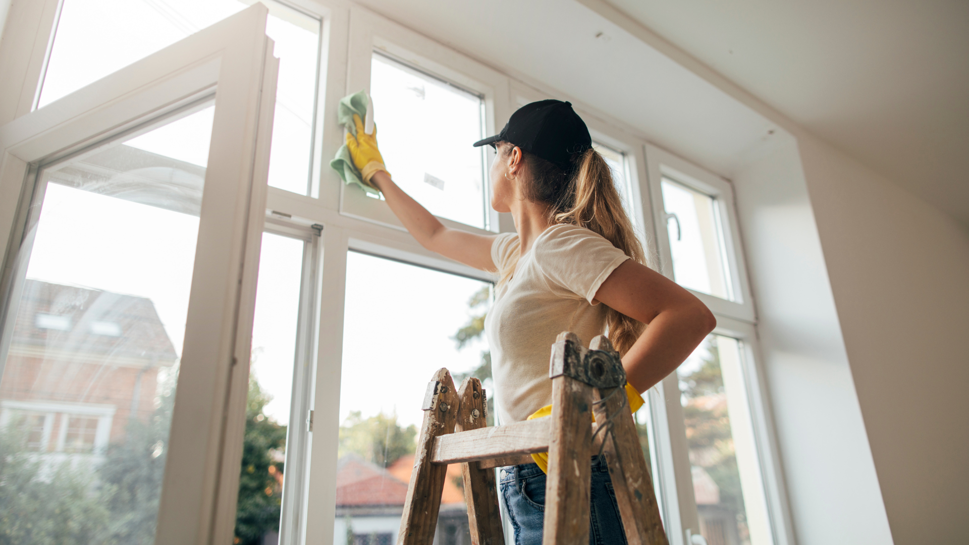 A woman is standing on a ladder cleaning a window.
