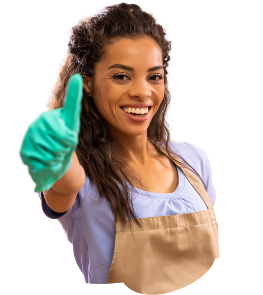 A woman wearing an apron and gloves is giving a thumbs up.