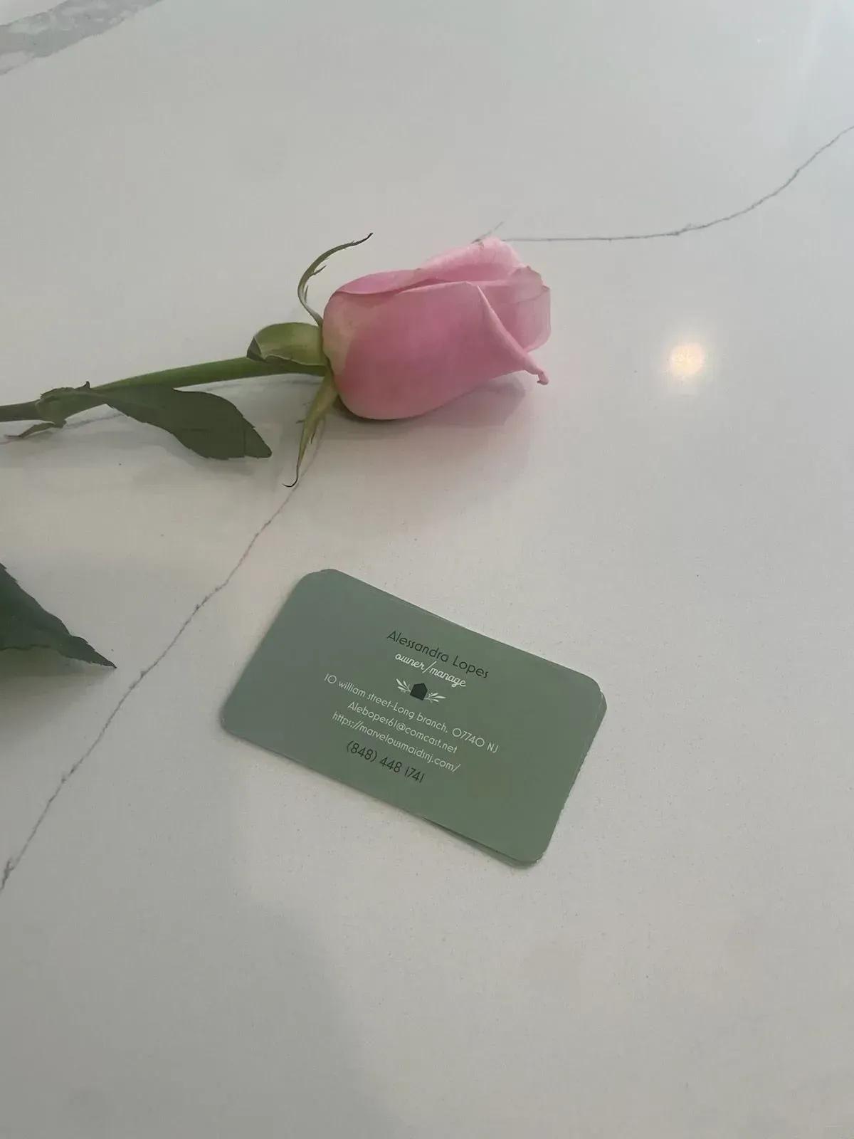 A pink rose is sitting next to a business card on a table.
