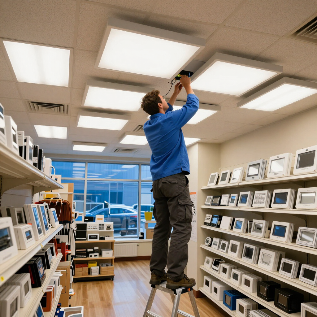 Person standing on a ladder adjusting ceiling lights in a bright electronics store aisle