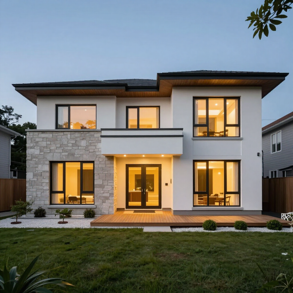 Modern two-story house with stone facade and warm interior lights at dusk