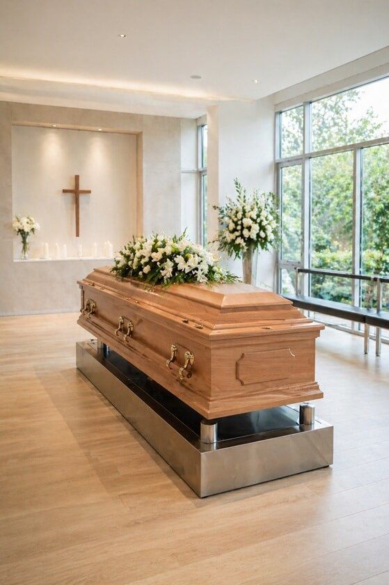 a wooden casket for a funeral and cremation service in Scottsdale, AZ