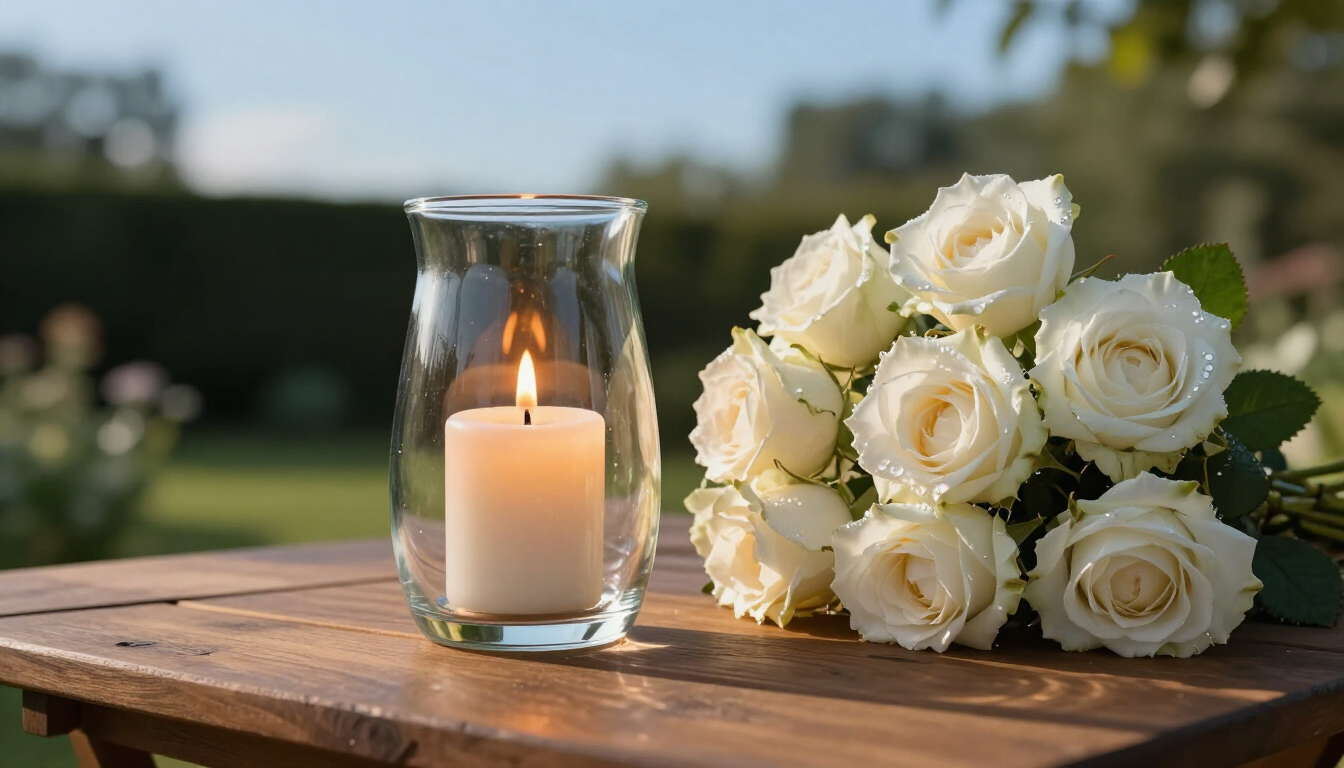 White roses with candle on wooden table, what wearing white signifies, funeral homes Phoenix, AZ