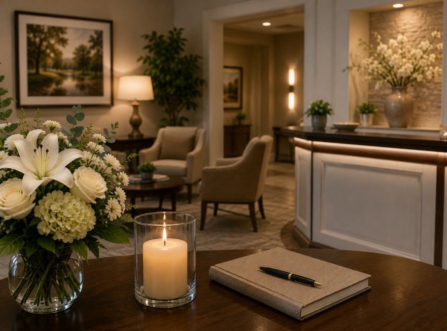 Warm memorial space with white flowers and candles reflects compassionate care in Phoenix, AZ