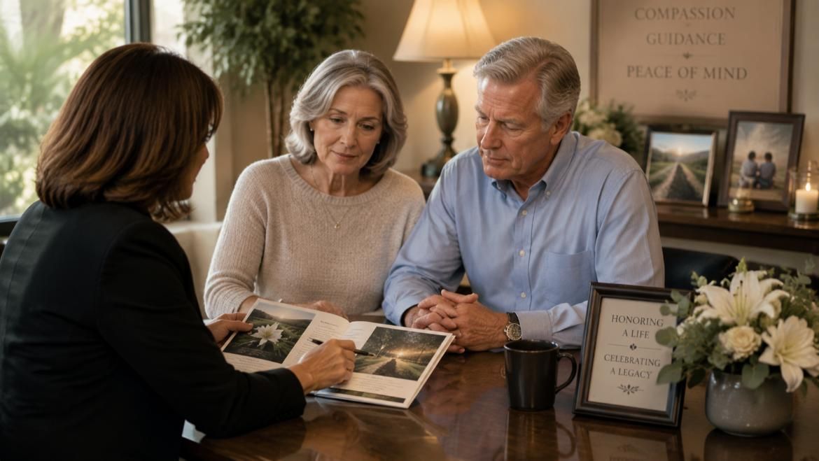 Older couple reviews cremation planning options with an advisor, cremation services Phoenix, AZ