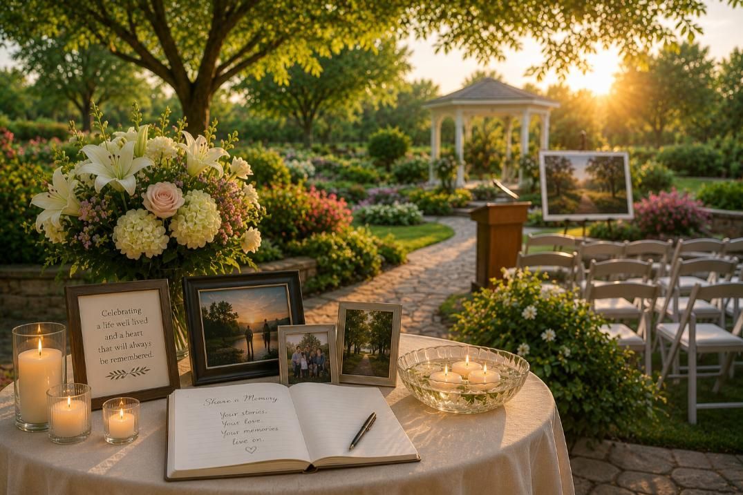 Memorial service table with flowers and family photos, cremation services Phoenix, AZ
