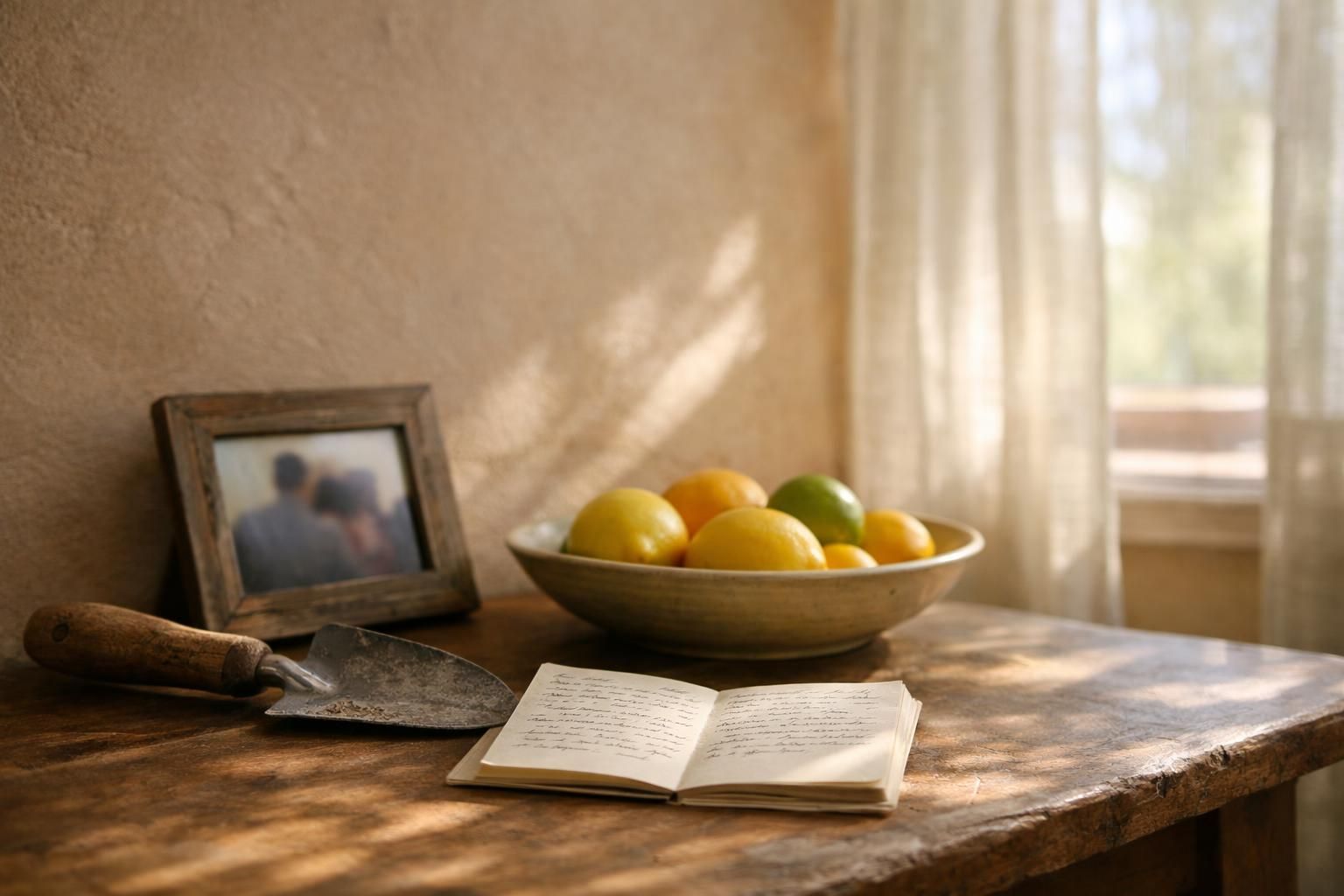 Sunlit Phoenix memory table with handwritten recipe card and citrus for a personal life celebration.