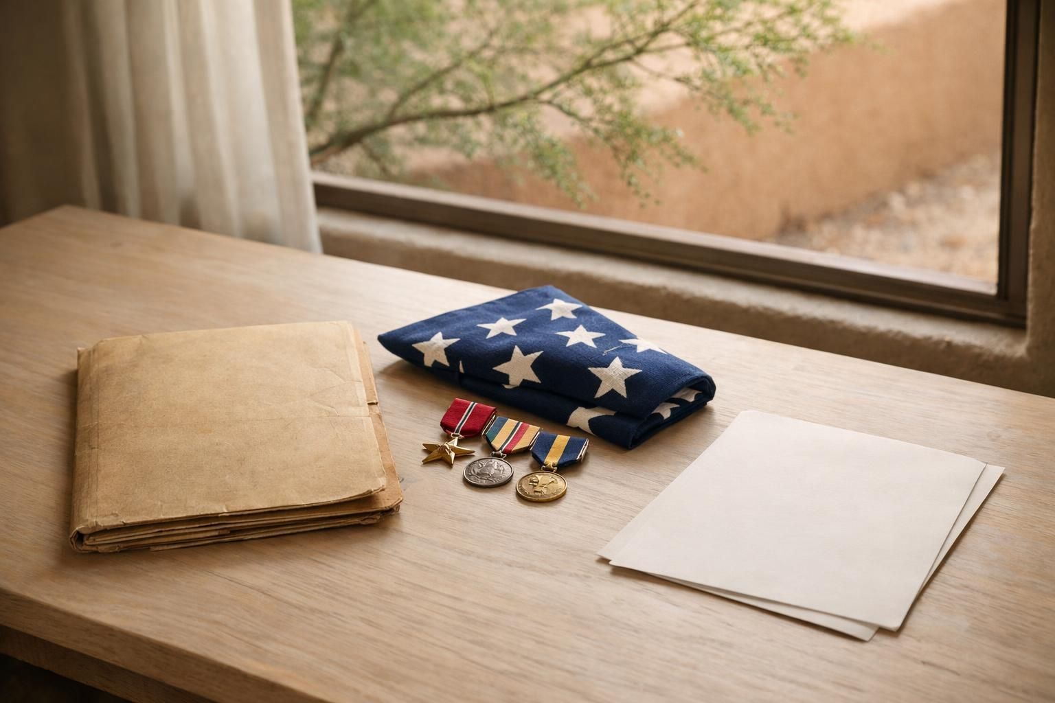 Service records, folded flag, and medals arranged on a sunlit table beside a Phoenix desert window