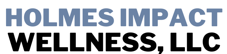 The logo for holmes impact wellness , llc is blue and black.