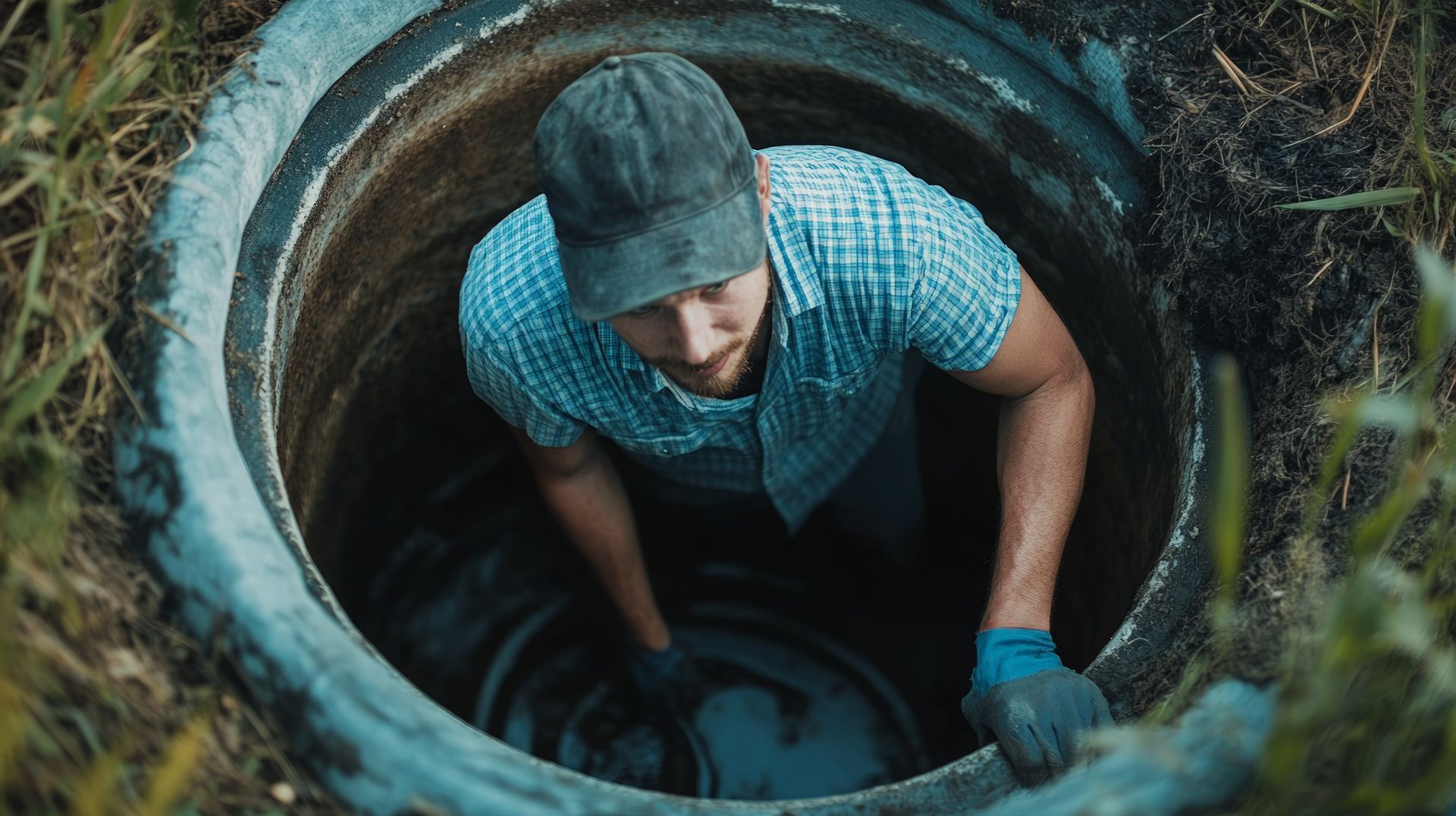 Worker in a cap and plaid shirt leans into open concrete tank, gloved hands during septic cleanout.