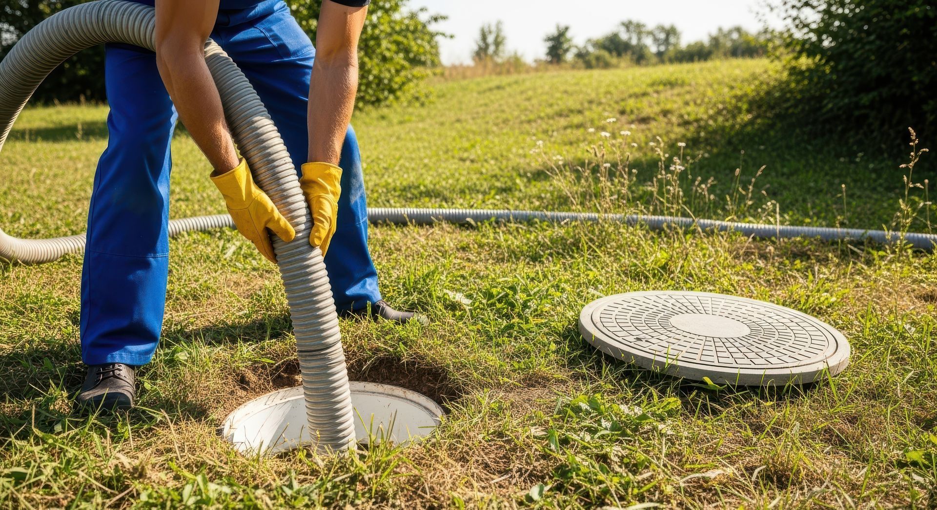 Technician in yellow gloves guiding a suction hose into an open septic tank during septic cleanout.