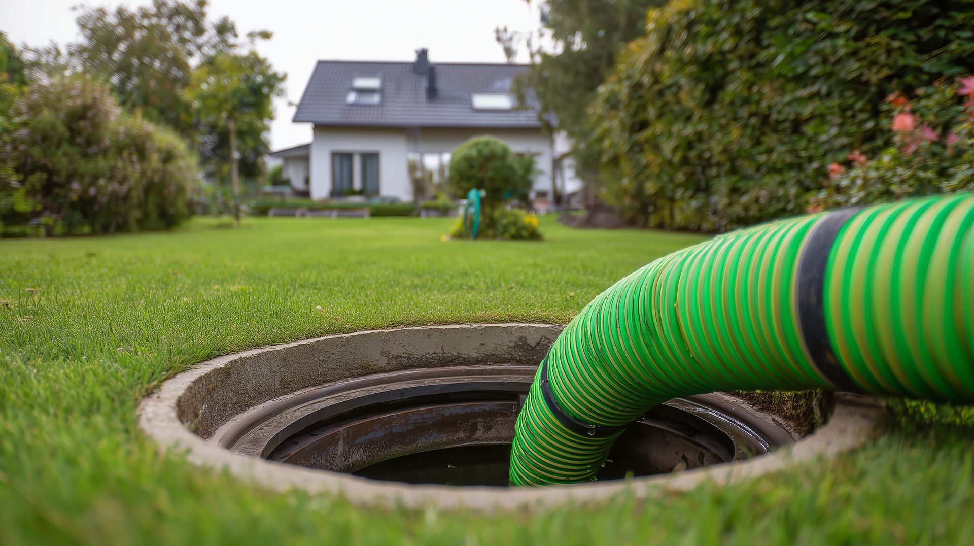 A green corrugated hose feeds into an open tank lid on a lawn during a septic cleanout service.
