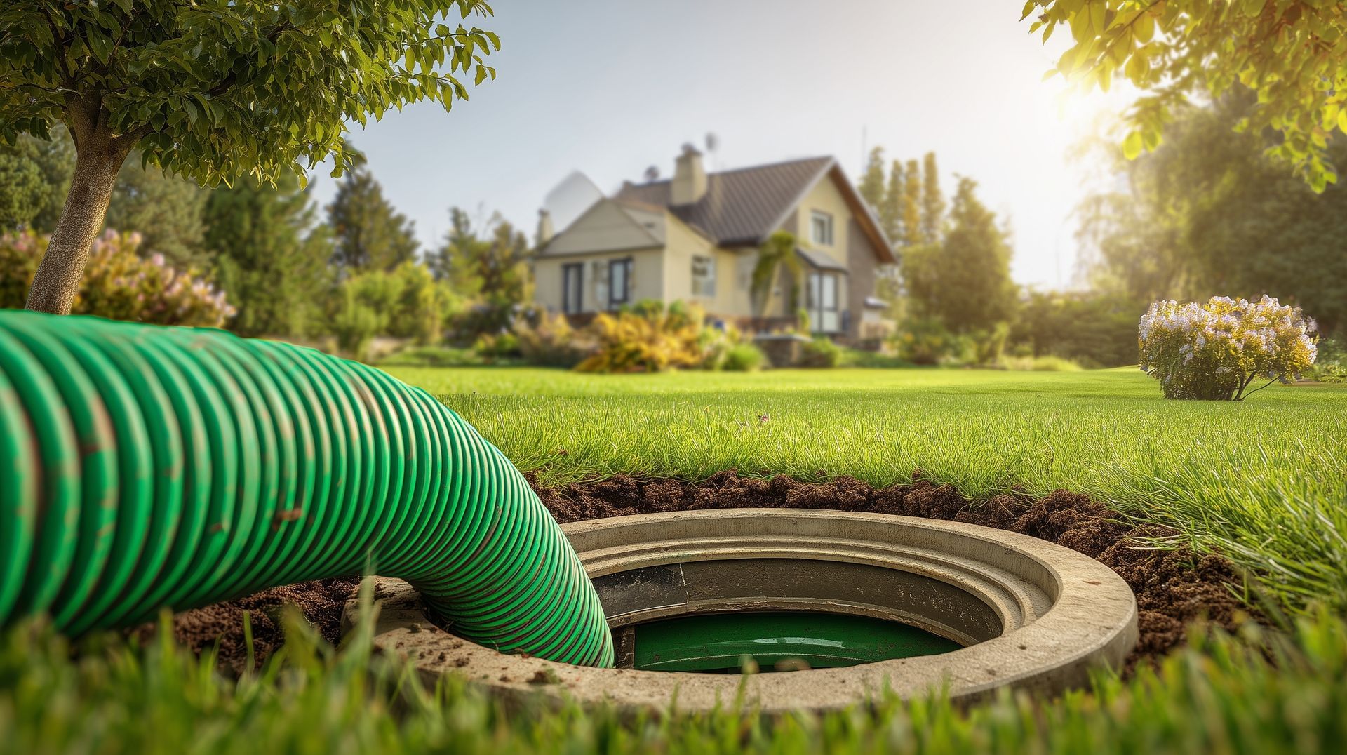 Green hose draining water from a yard sewer opening near a suburban house in sunlight