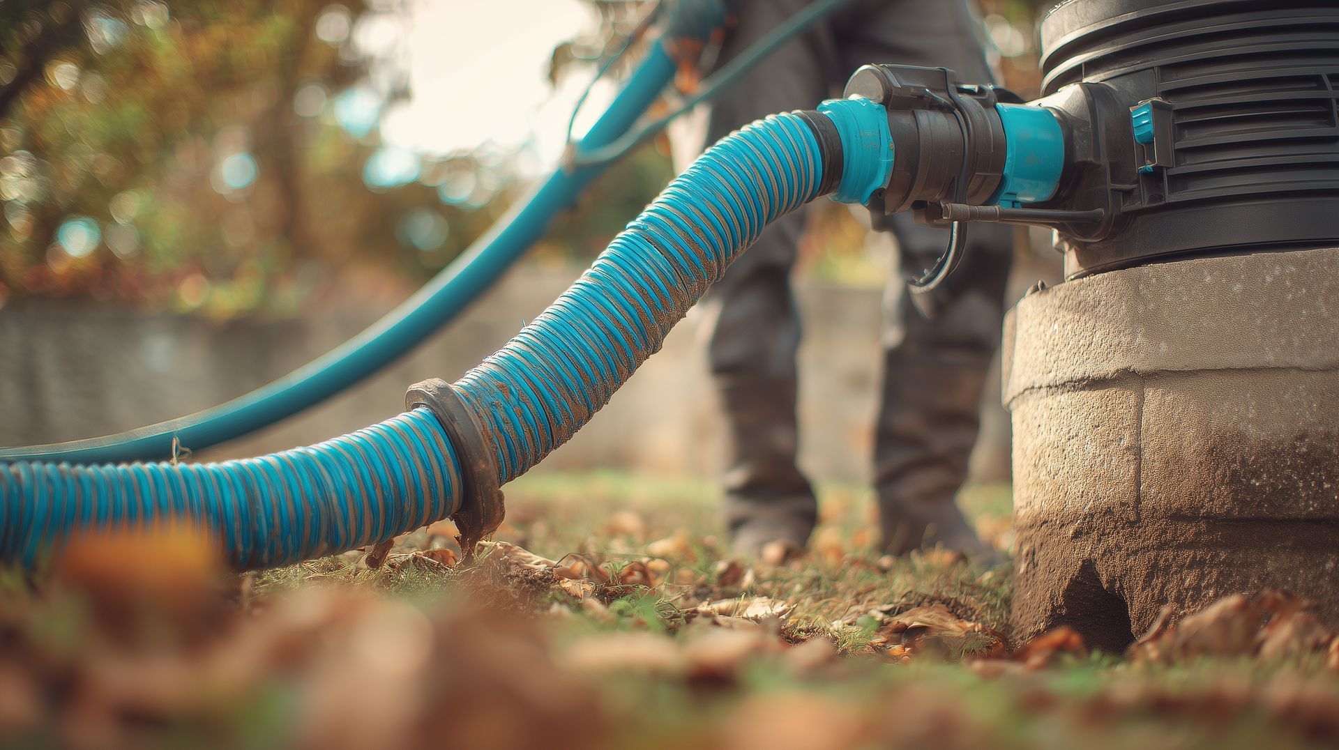 Blue corrugated hose connected to a utility pipe beside a concrete well in a wooded outdoor area
