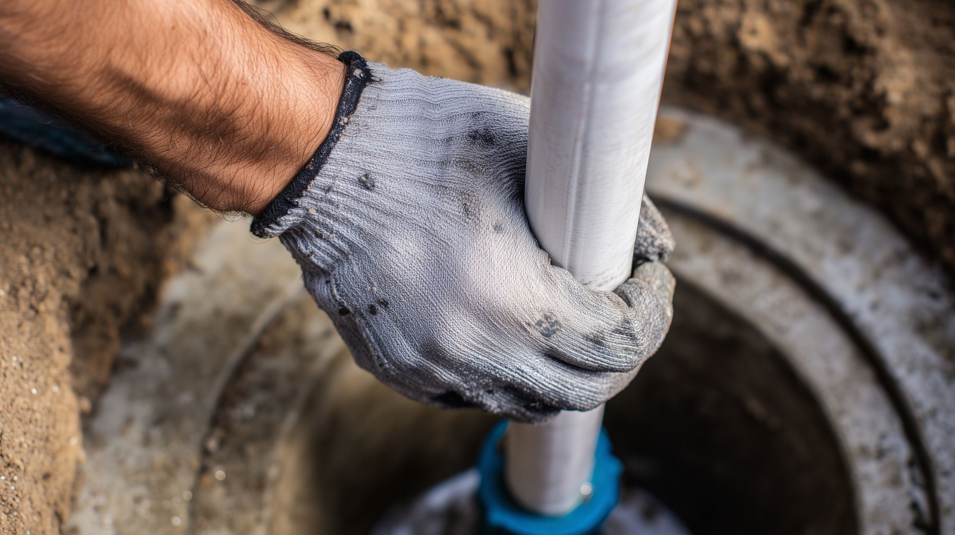 Gloved hand gripping a white pipe inside a circular concrete pit with soil around it
