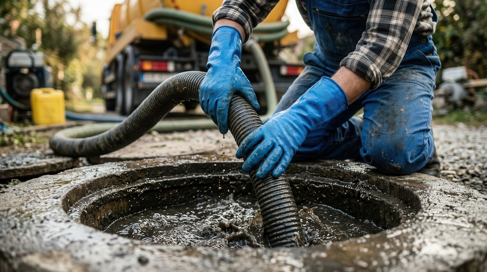 Gloved hands guide a ribbed hose into an open tank during a septic system repair with truck nearby.