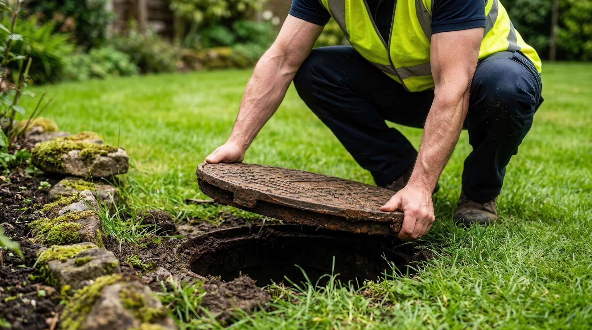 Worker in a hi-vis vest lifts a rusty manhole cover, exposing a tank for septic system maintenance.