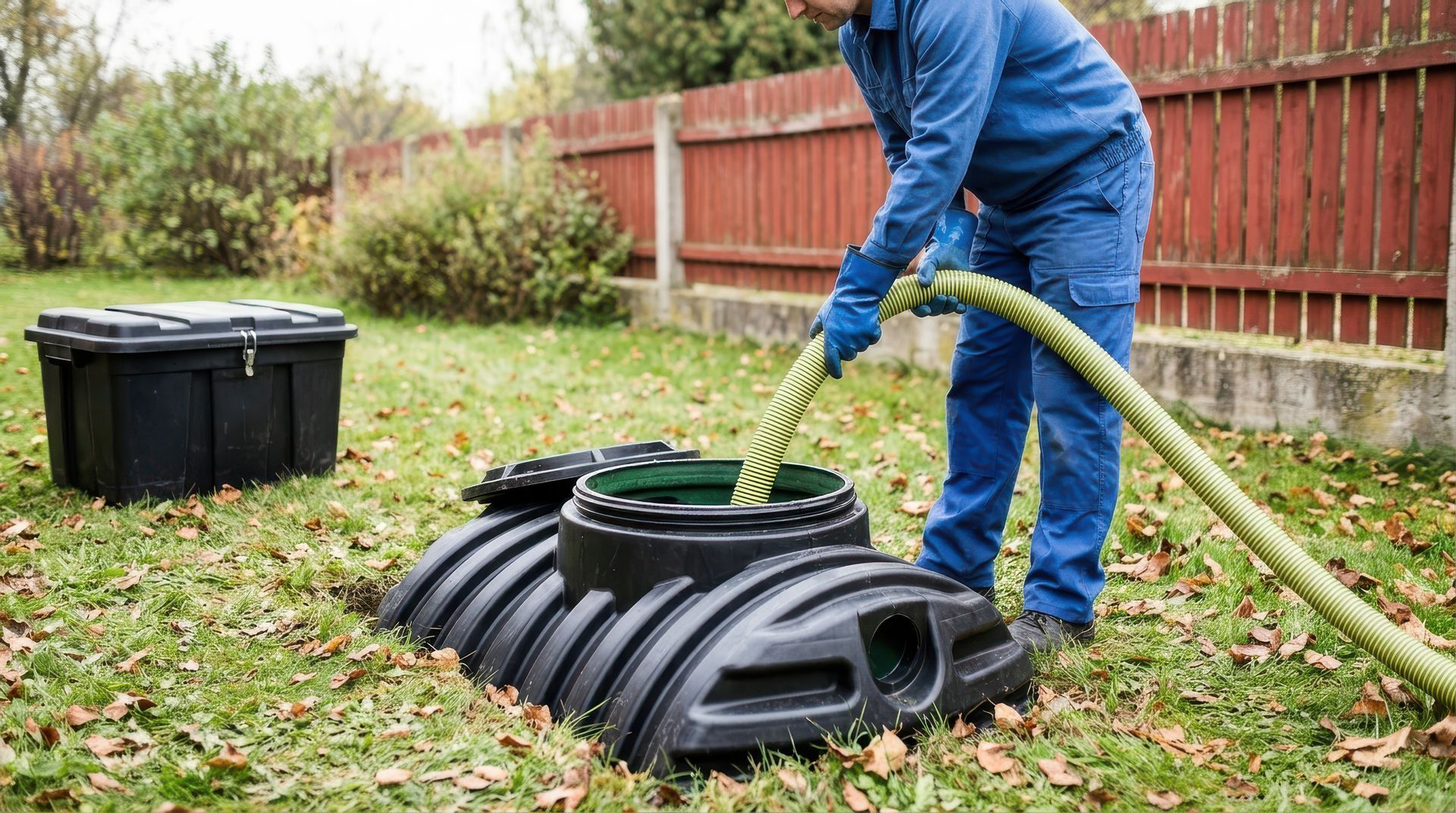 A worker in blue coveralls pumps out the septic tank using a hose during septic system maintenance.