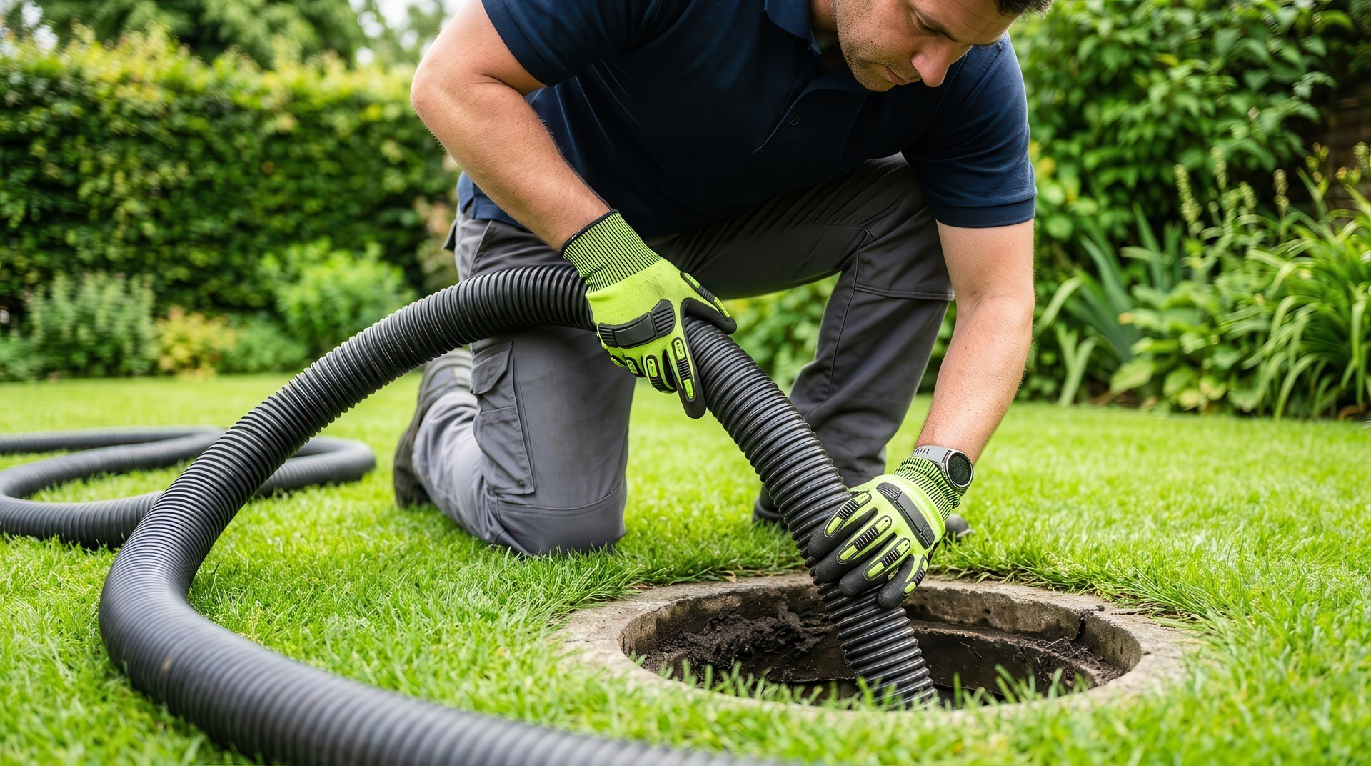Technician in gloves guides a ribbed hose into a lawn access port during septic system maintenance.