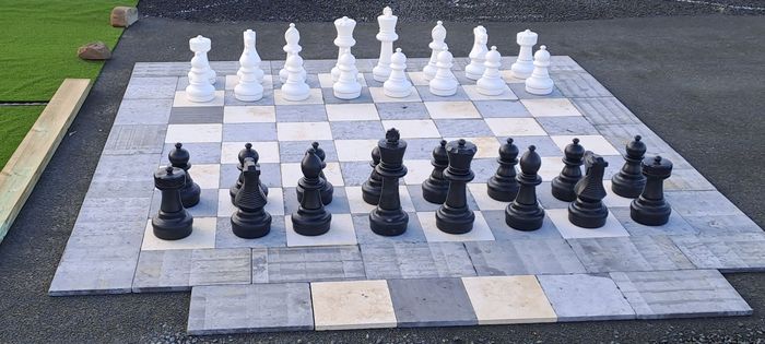 A large chess board with black and white pieces on it