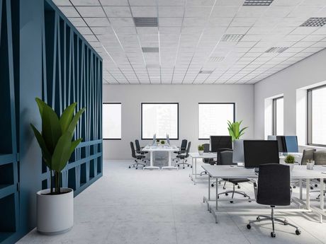 Modern white and blue open space office interior
