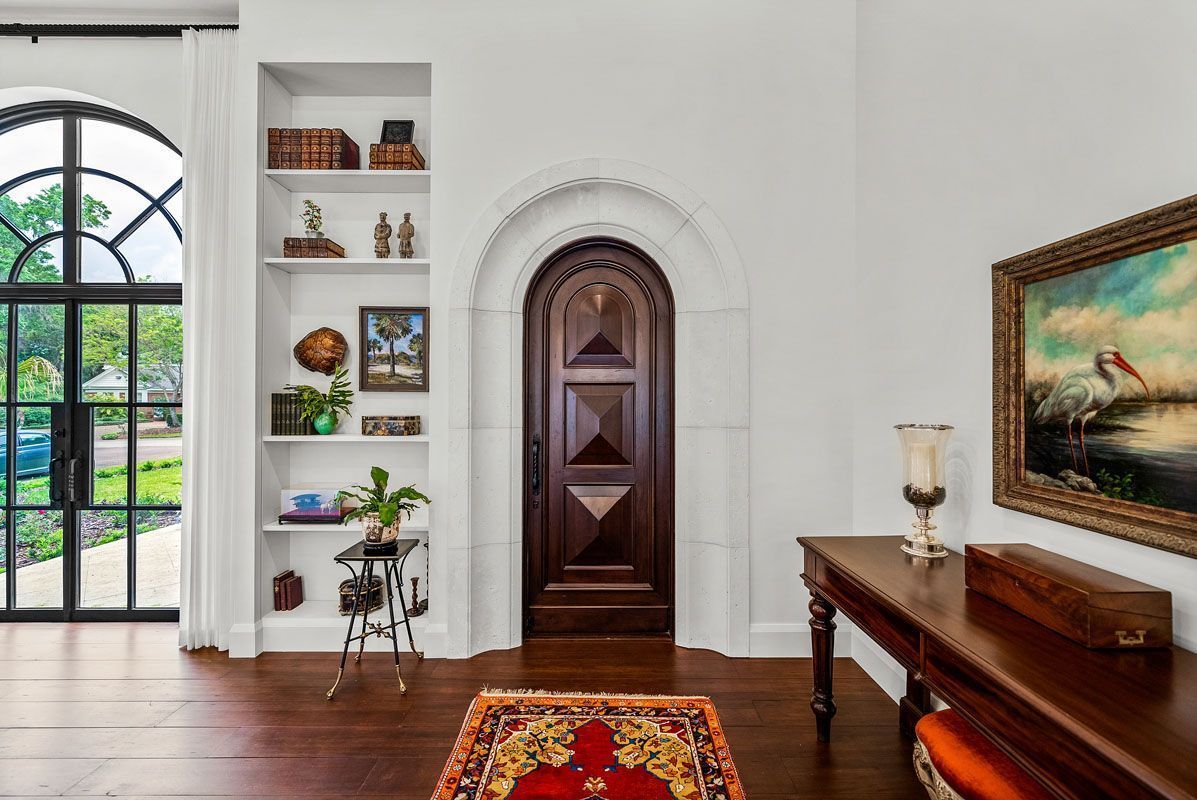 living room with a wooden door
